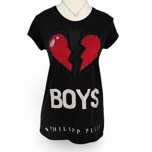 Black Philipp Plein Mcbling heart graphic tee Womens size large Designer Swiss
